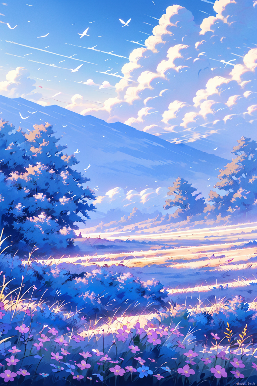 01170-3971351464-outdoors, scenery, no humans, day, sky, cloud, grass, flower, mountain, field, water, tree, landscape, blue sky, river, pink flo.png